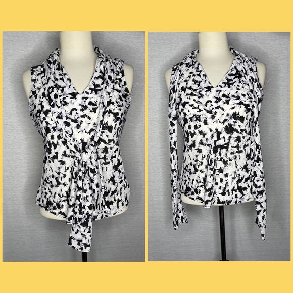 A9). Bar Iii Tie Neck Printed Blouse Black White XXS - Picture 7 of 15